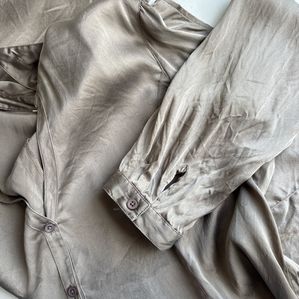 Semantiks Silk Blend Women XL Button Up Shirt Taupe Brown Long Sleeve Stretch - Picture 9 of 10